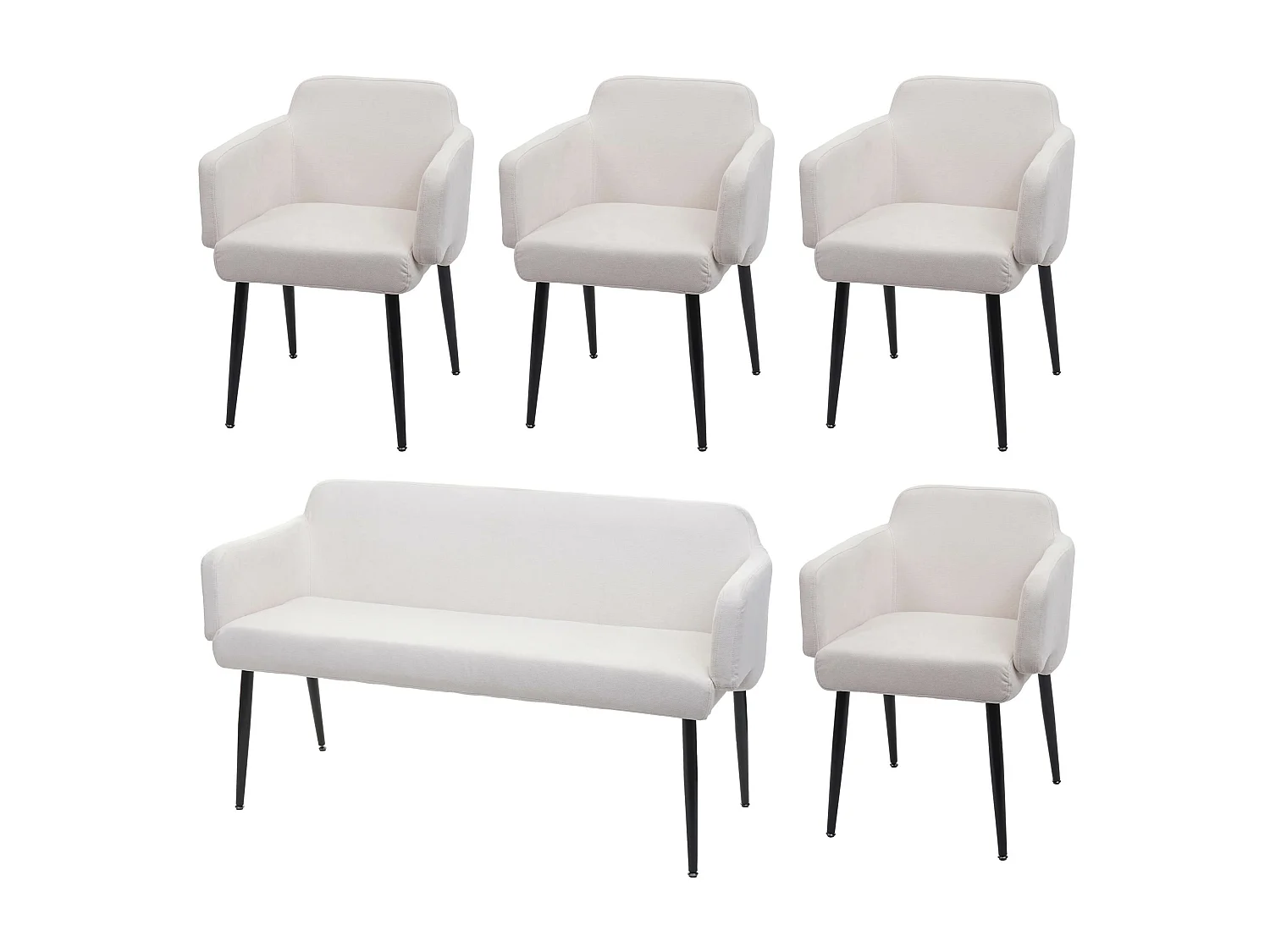 Set 4x sedie con braccioli e panca da interni elegante moderno MCW-L13 legno tessuto avorio bianco
