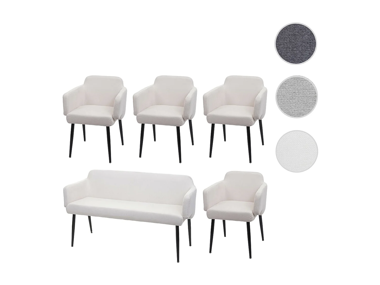 Set 4x sedie con braccioli e panca da interni elegante moderno MCW-L13 legno tessuto avorio bianco