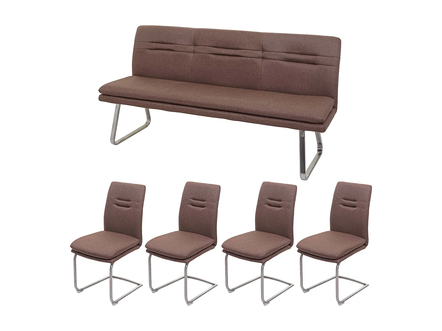 Set panca con 4x sedie a slitta sala pranzo soggiorno cucina MCW-H70 tessuto acciaio inox ~ marrone 180cm