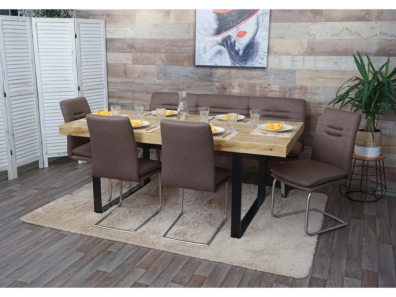 Set panca con 4x sedie a slitta sala pranzo soggiorno cucina MCW-H70 tessuto acciaio inox ~ marrone 180cm