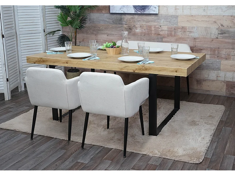 Set 2x sedie con braccioli e panca da interni elegante moderno MCW-L13 legno tessuto avorio bianco