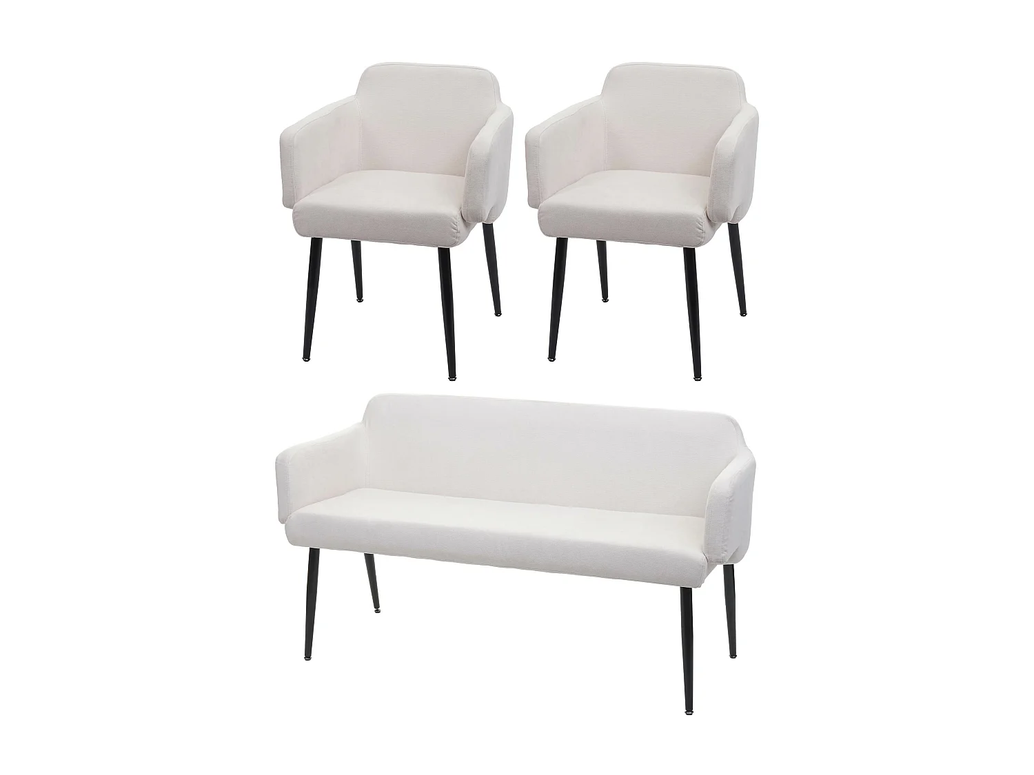 Set 2x sedie con braccioli e panca da interni elegante moderno MCW-L13 legno tessuto avorio bianco