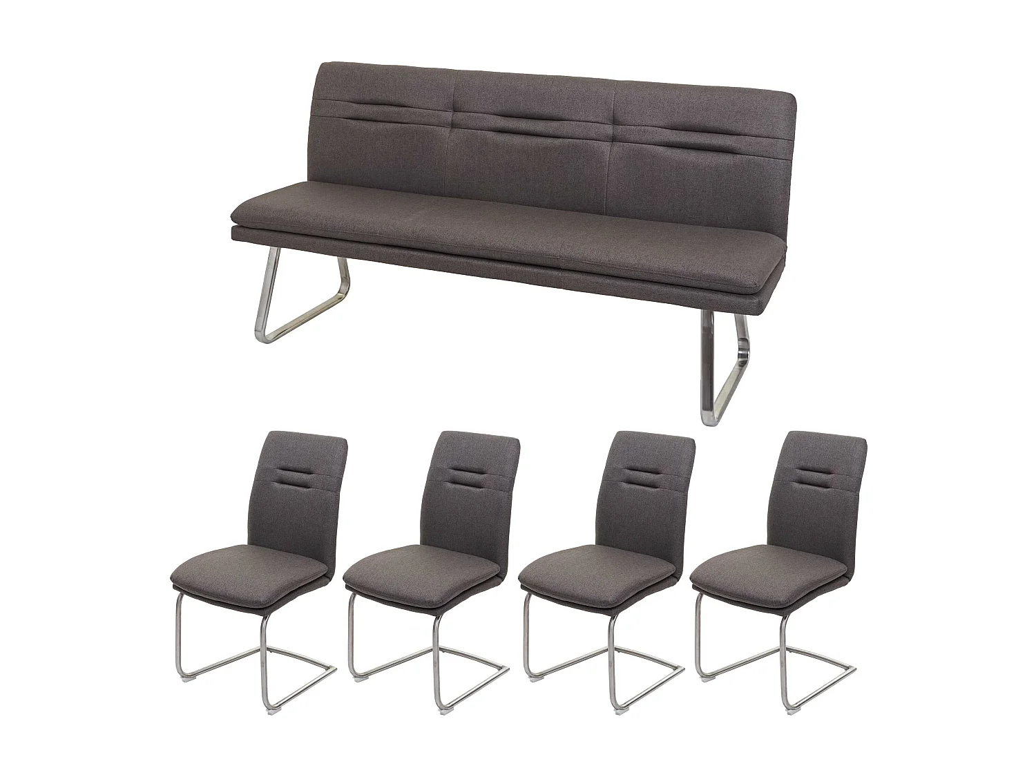 Set panca con 4x sedie a slitta sala pranzo soggiorno cucina MCW-H70 tessuto acciaio inox ~ grigio fango 180cm