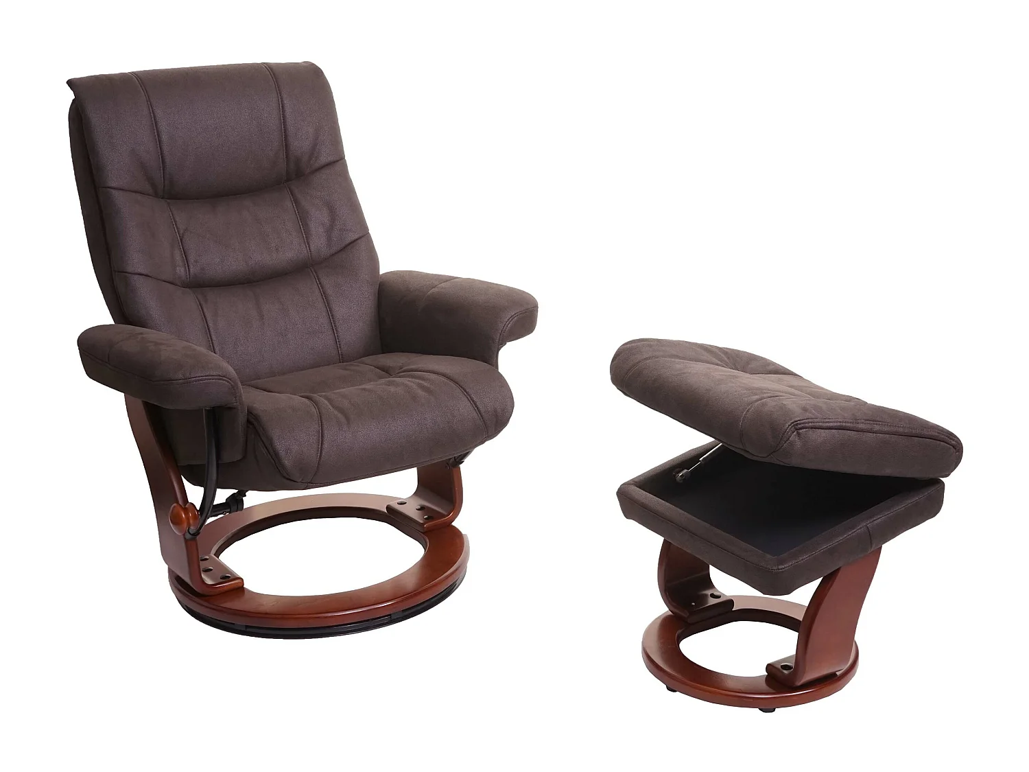 Leżanka MCW-J42 z taboretem,  czarno-brązowa imitacja zamszu, rama o wyglądzie orzecha włoskiego