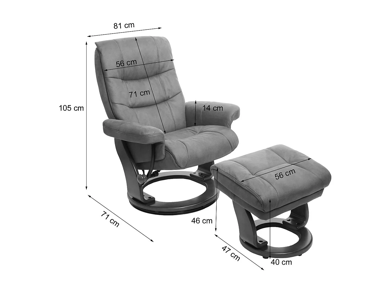 Leżanka MCW-J42 z taboretem,  czarno-brązowa imitacja zamszu, rama o wyglądzie orzecha włoskiego