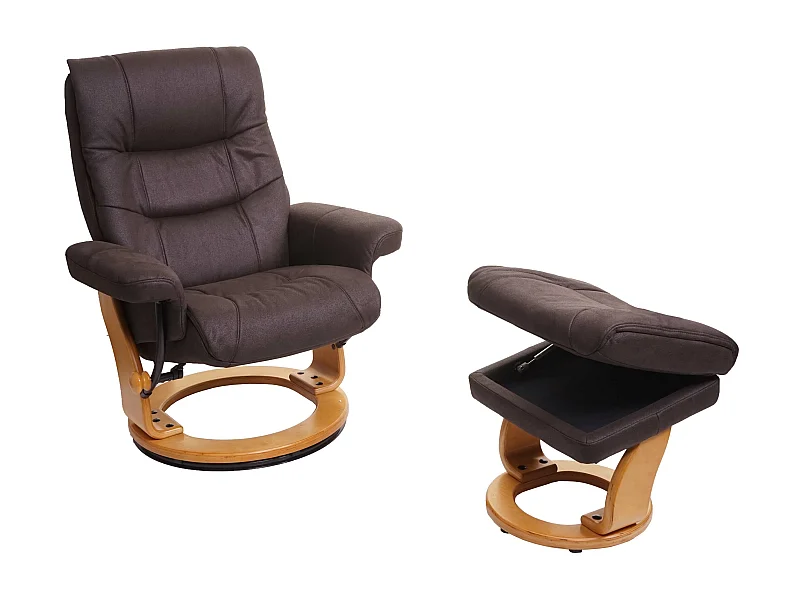 Relaxfauteuil MCW-J42 met voetenbank,  zwart-bruin imitatiesuède, frame naturel bruin