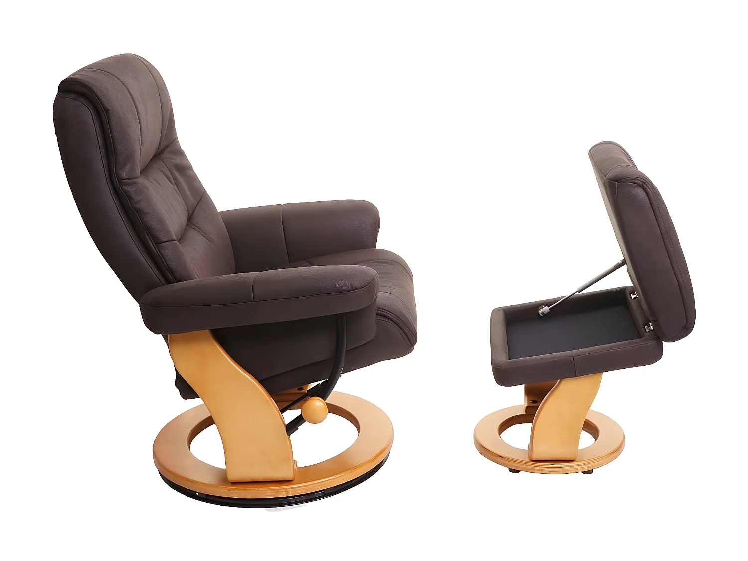 Leżanka MCW-J42 z taboretem,  czarno-brązowa imitacja zamszu, naturalna brązowa rama