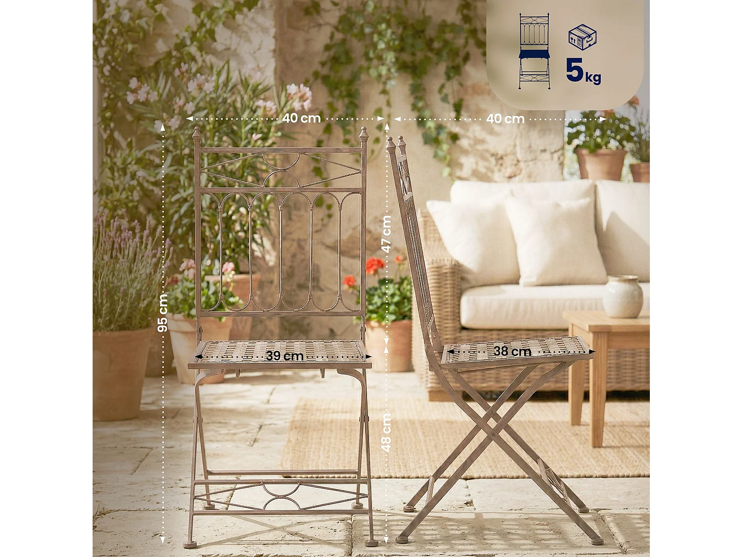 Lot de 2  Chaises de jardin - Métal - Marron antique - Asina