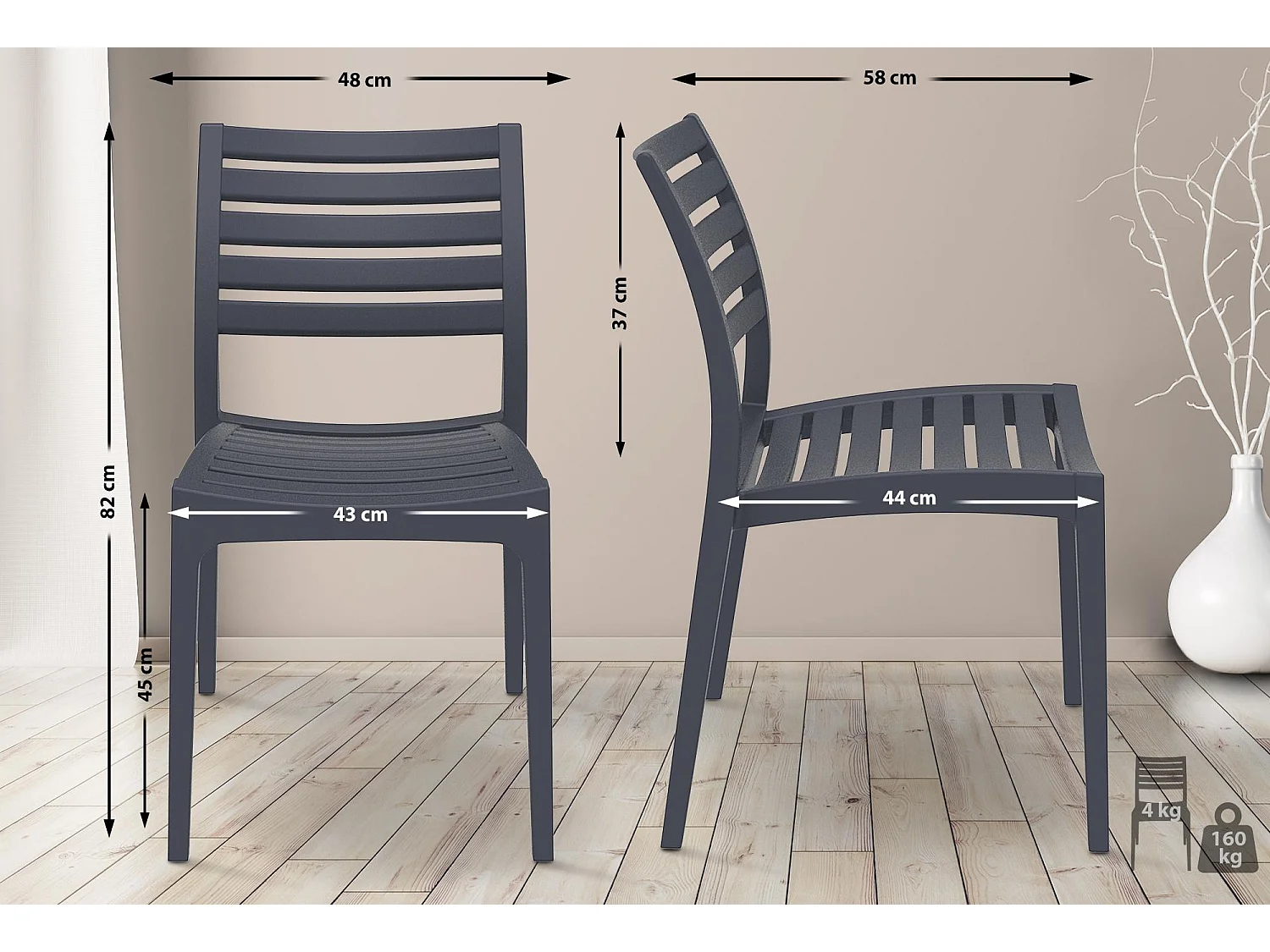 Lot de 2  Chaises de jardin - Plastique & Plastique - Gris foncé - Ares