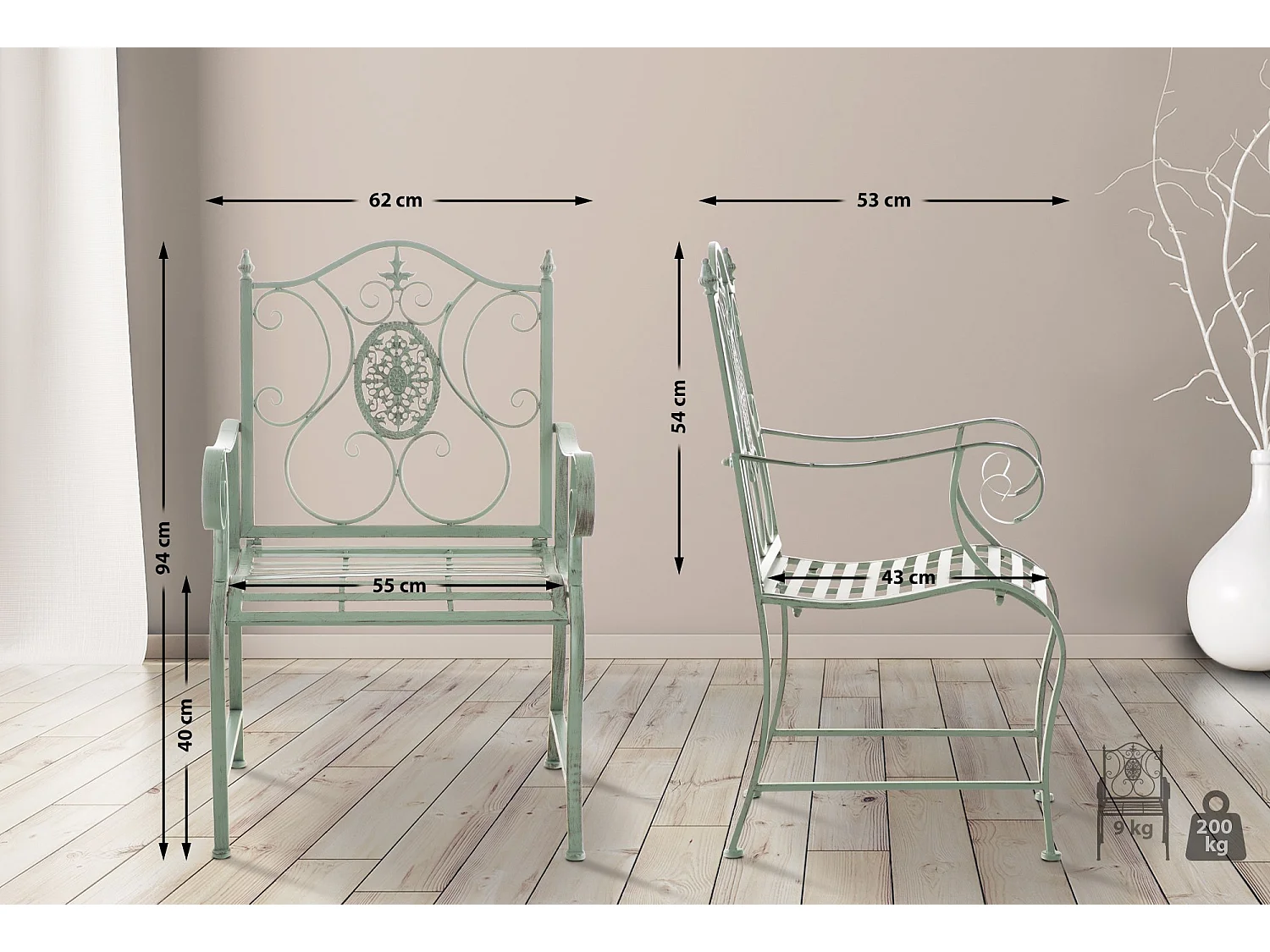 Lot de 2  Chaises de jardin - Métal - Vert antique - Punjab