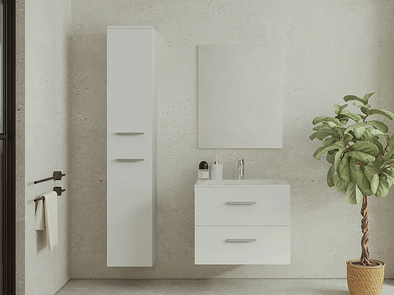 Mobile per bagno sospeso lavabo singolo colonna portaoggetti 60 cm Bianco - KAYLA