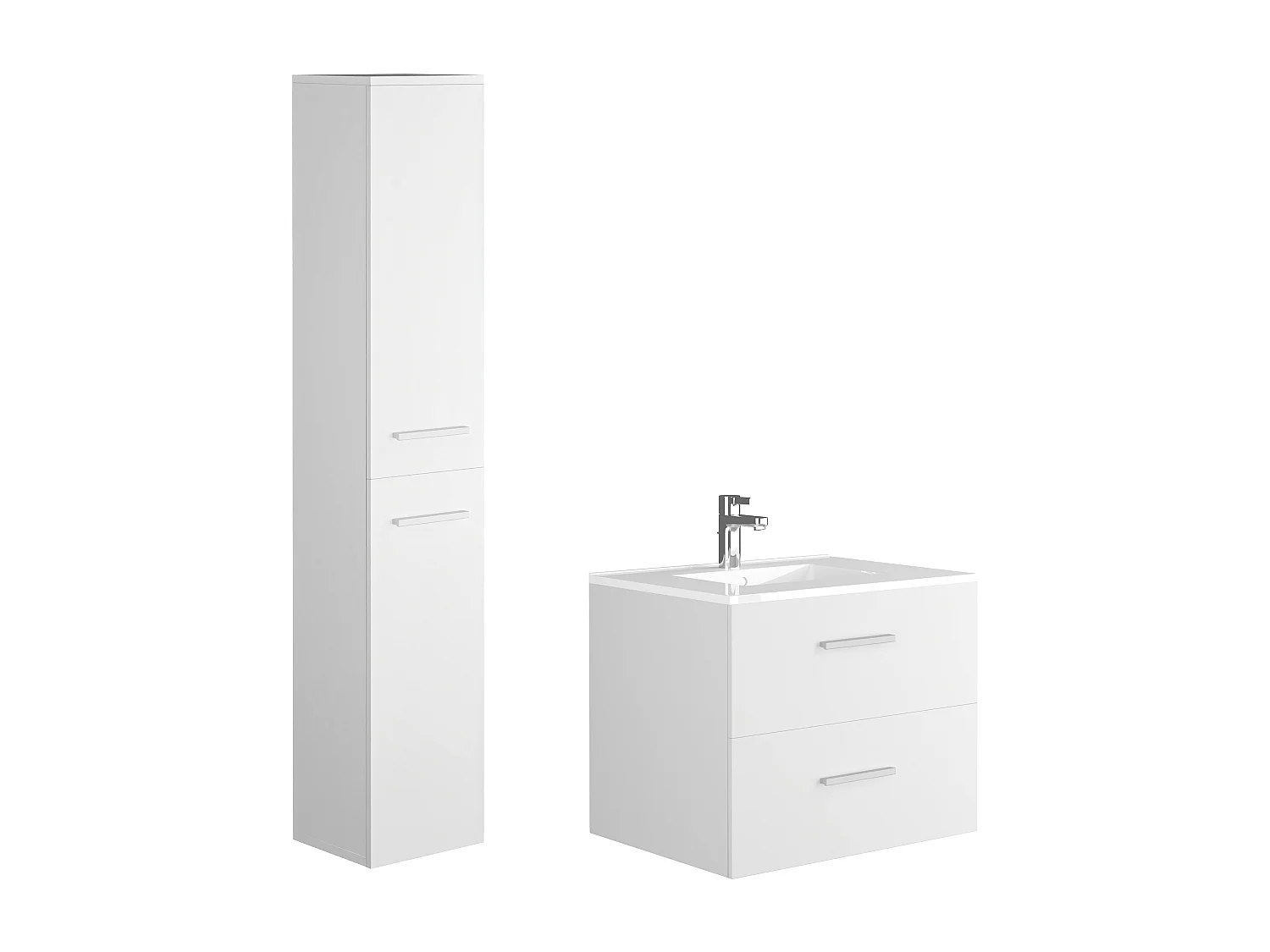 Meuble de salle de bain suspendu simple vasque avec colonne de rangement - Coloris blanc - 60 cm - KAYLA