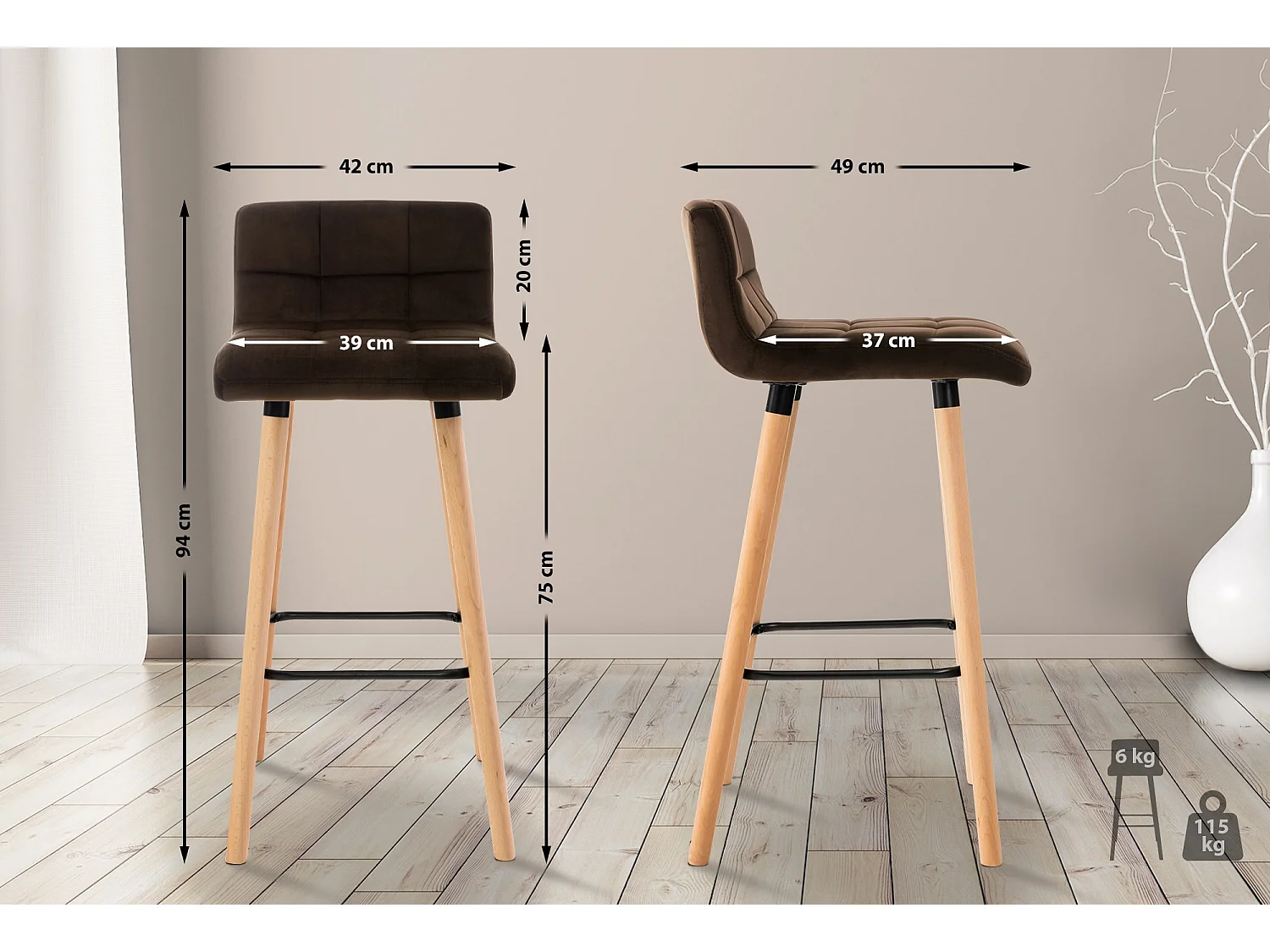 Lot de 2  Tabouret de bar - Velours - Marron - Lincoln