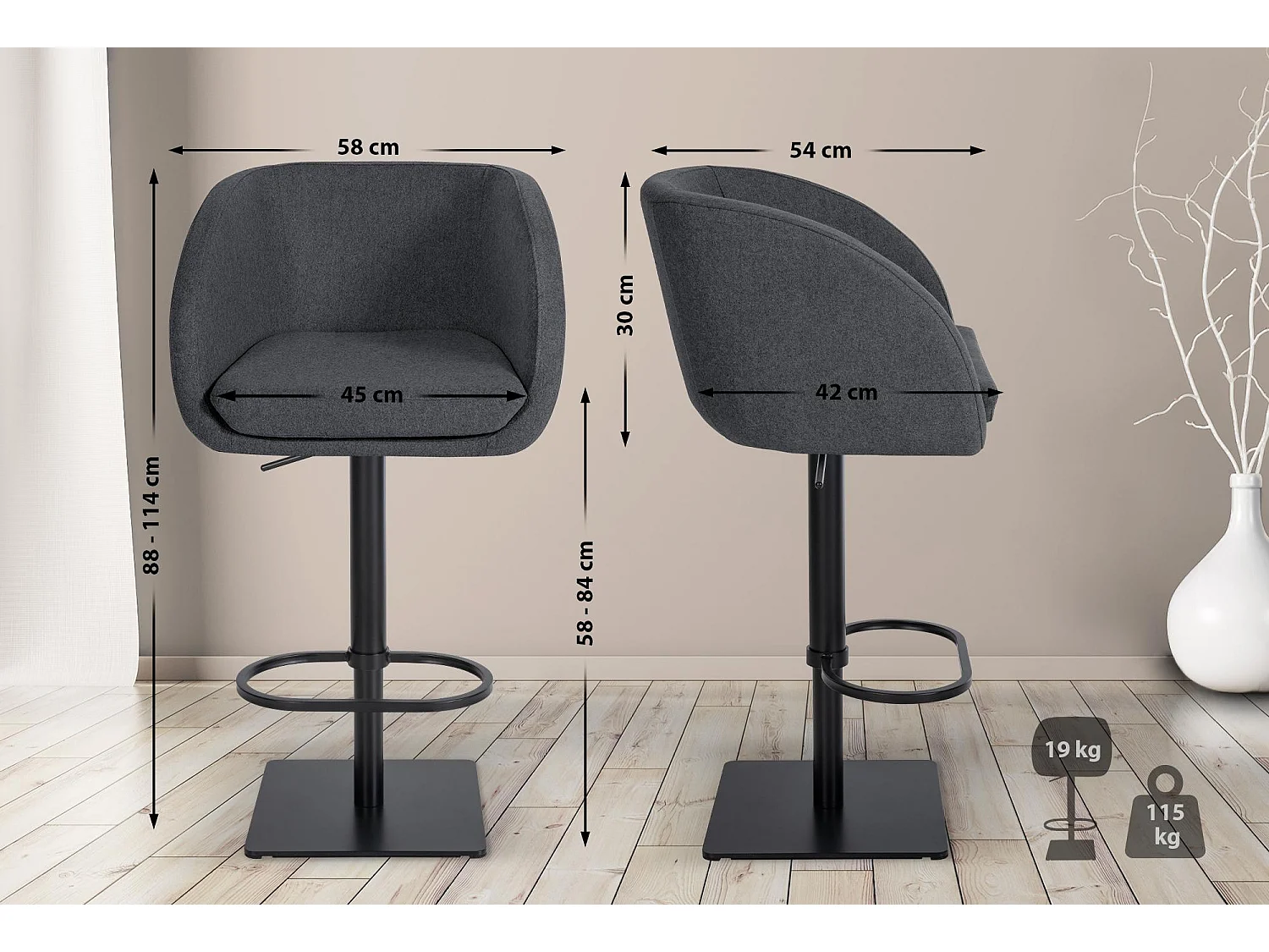 Tabouret de bar - Feutrine & Noir - Gris - Gambo