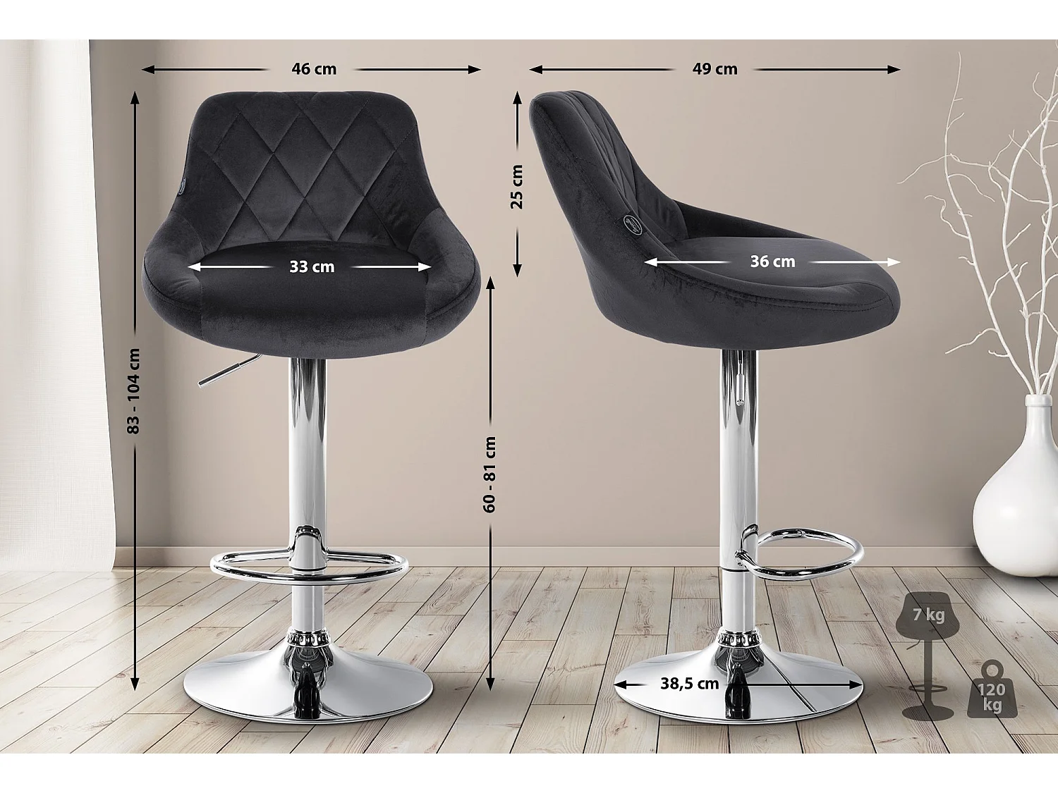 Lot de 2 Tabourets de bar - Velours & Métal - Gris foncé - Lazio