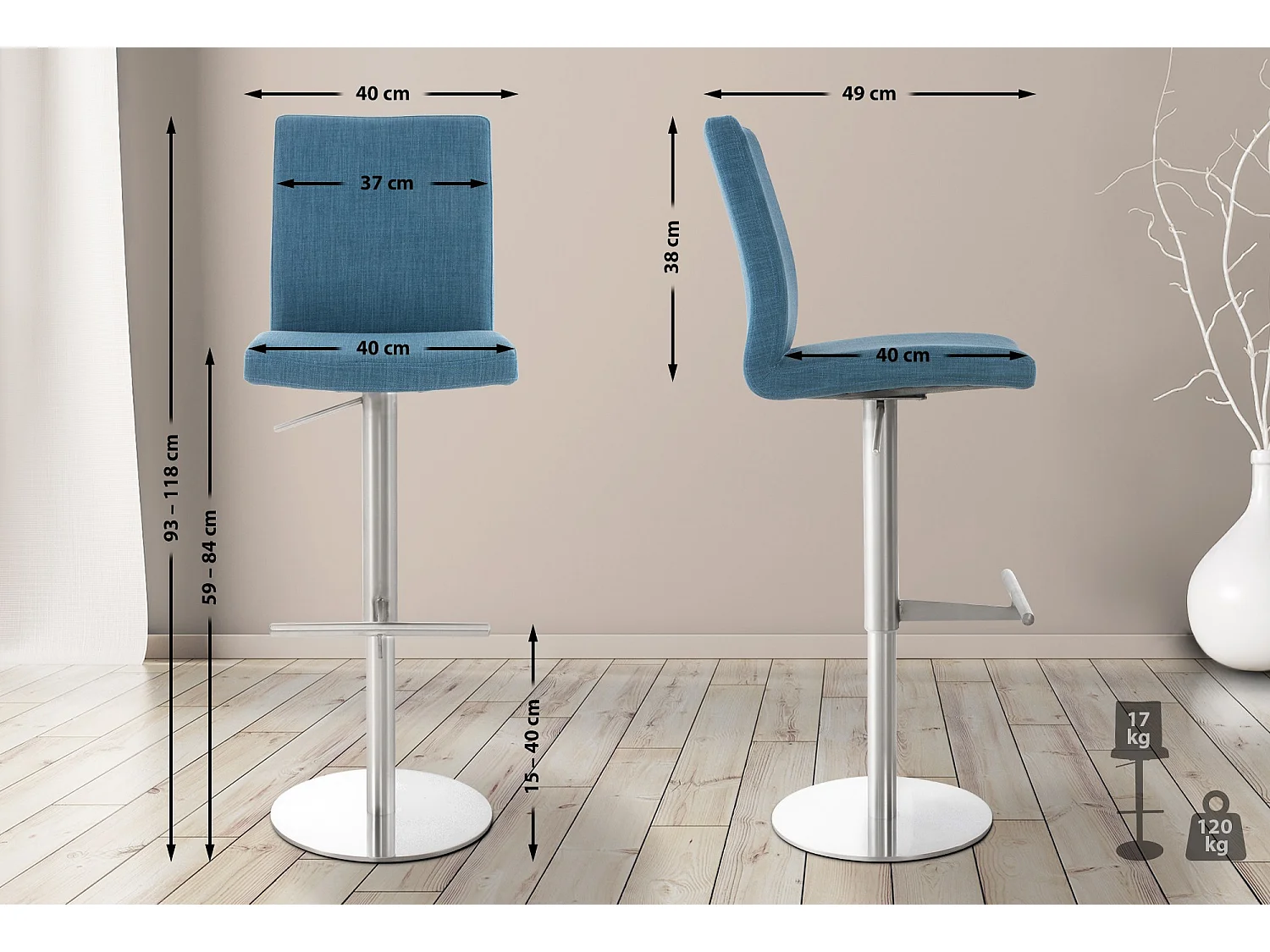2er Set Barhocker - Stoff & edelstahl - blau - Cadiz