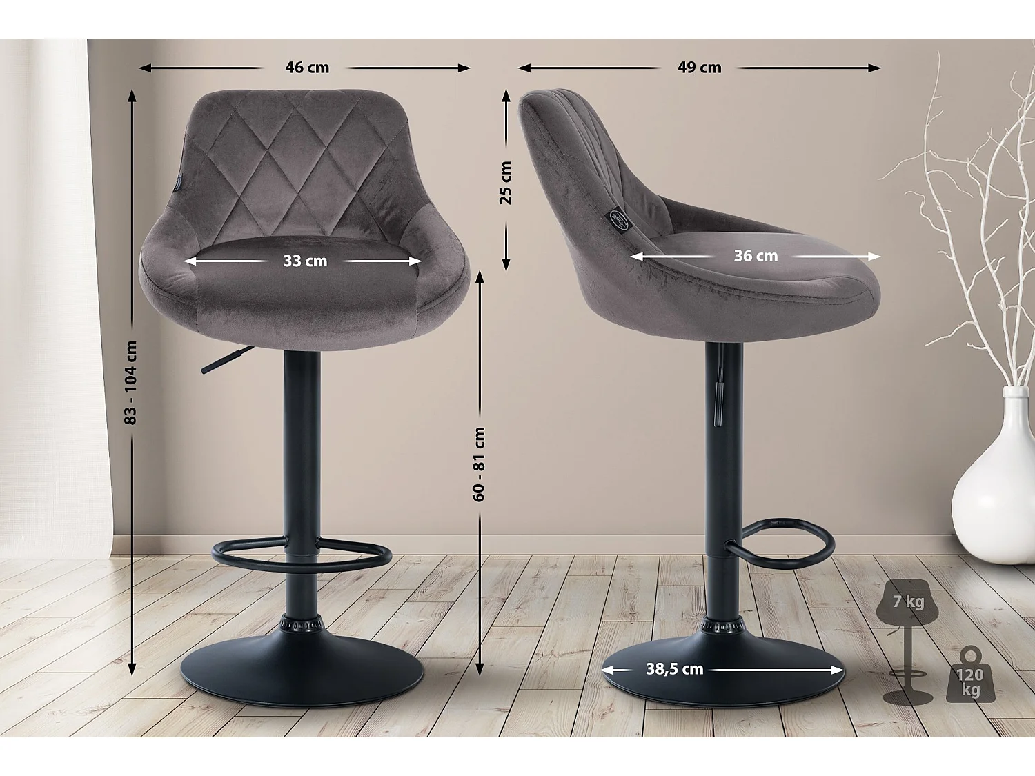 Lot de 2 Tabourets de bar - Velours & Métal - Gris - Lazio