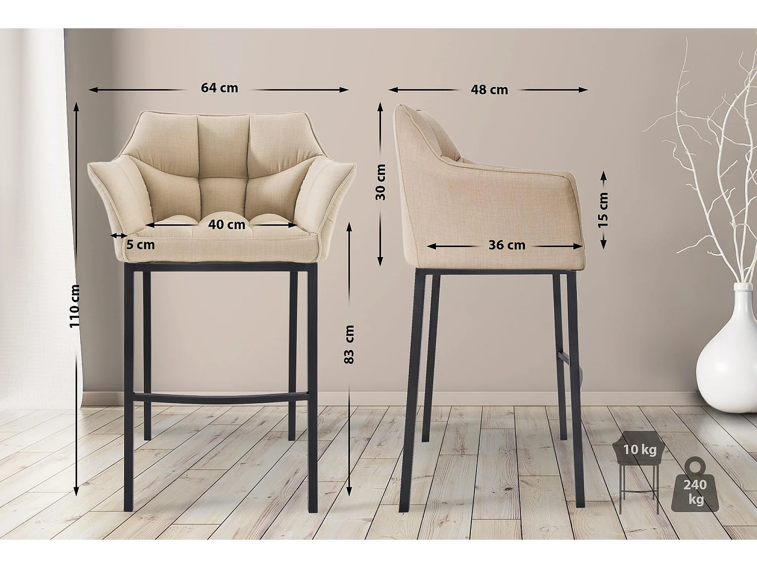 Lot de 2  Tabouret de bar - Tissu & Noir - Crème - Damaso