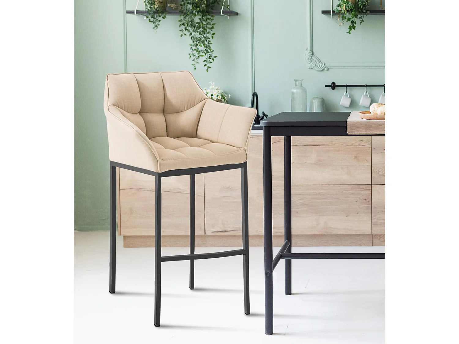 Lot de 2  Tabouret de bar - Tissu & Noir - Crème - Damaso