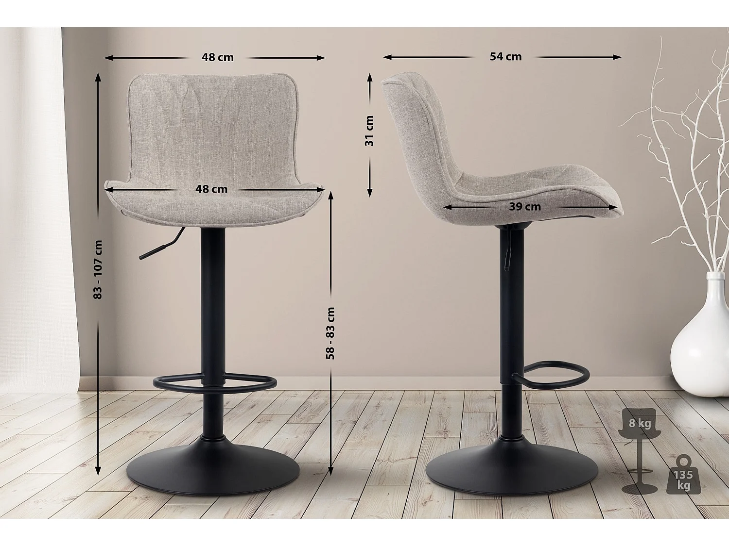 Lot de 2  Tabouret de bar - Tissu - Taupe - Linus