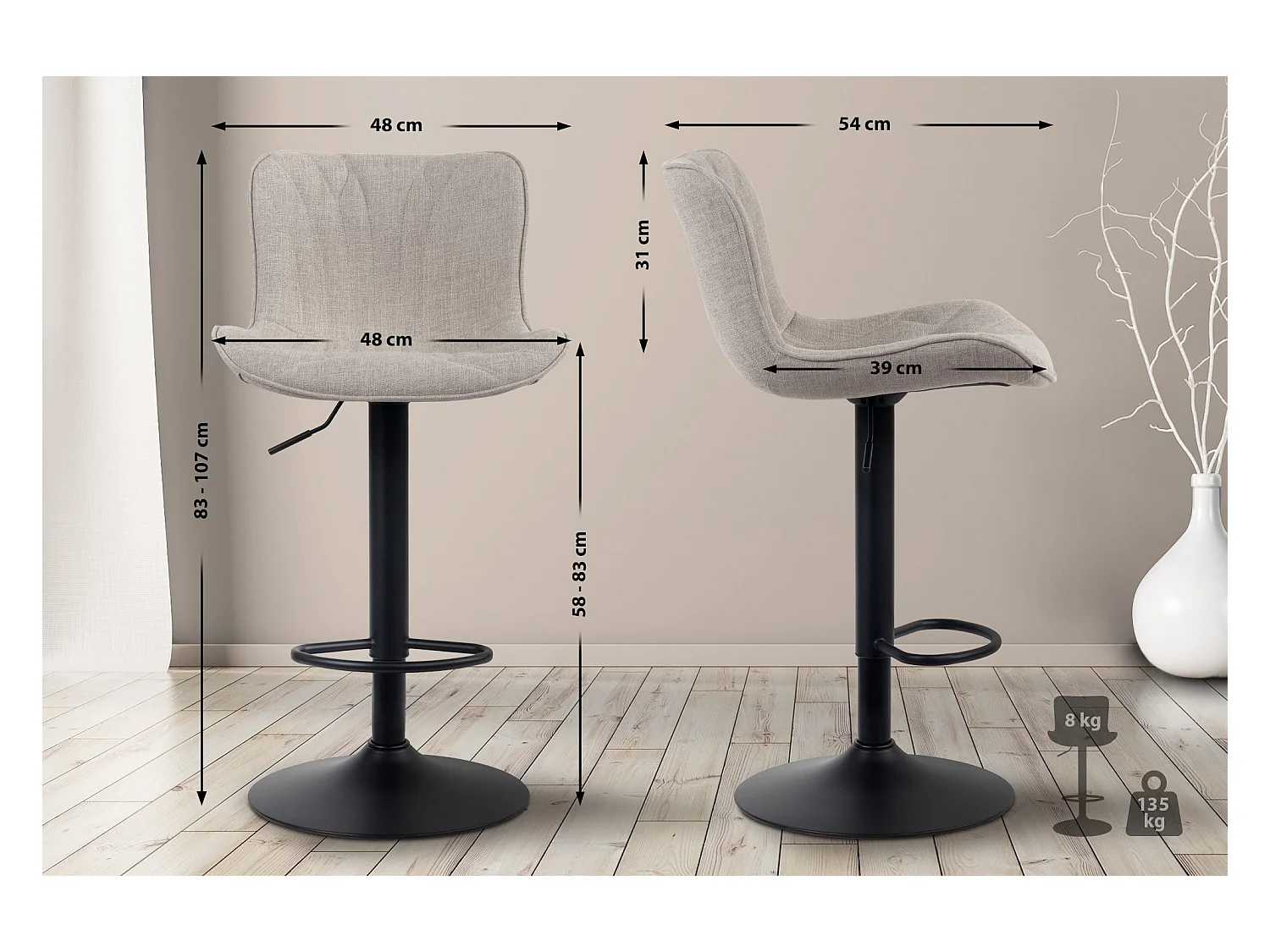 Lot de 2  Tabouret de bar - Tissu - Taupe - Linus