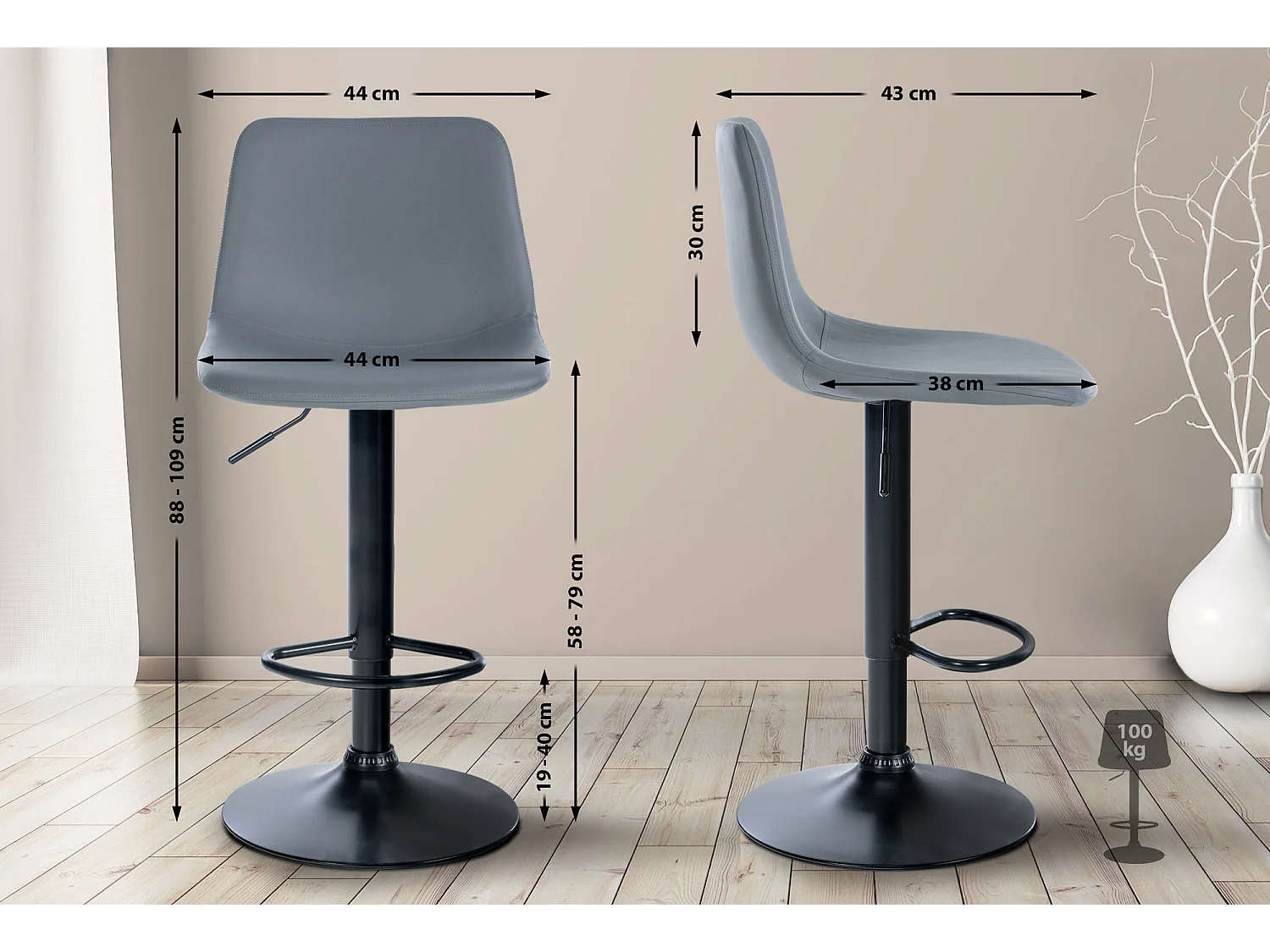 Barhocker - Kunstleder & schwarz - grau - Divo