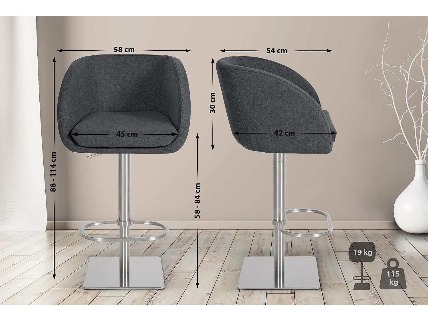 Tabouret de bar - Feutrine & Acier inoxydable - Gris - Gambo