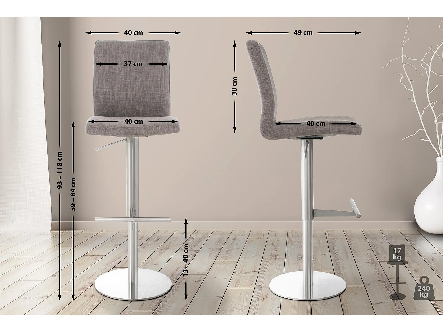 Lot de 2  Tabouret de bar - Tissu & Acier inoxydable - Gris - Cadiz