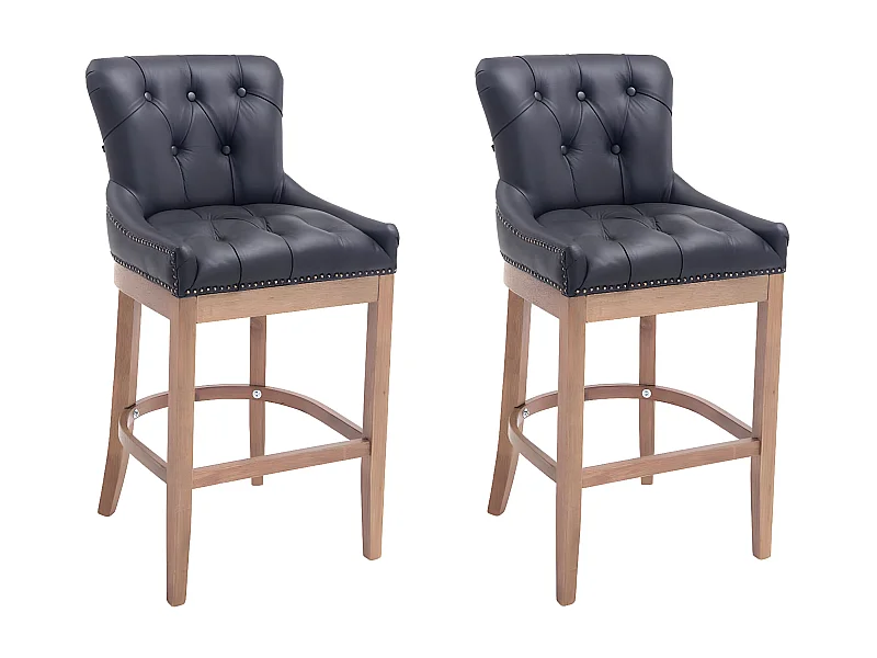 Lot de 2 Tabourets de bar - Véritable cuir & Bois - Noir - Lakewood