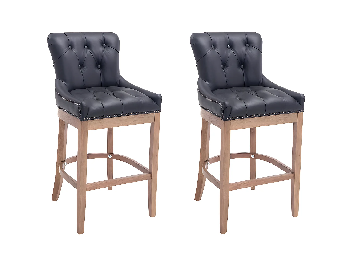Lot de 2 Tabourets de bar - Véritable cuir & Bois - Noir - Lakewood
