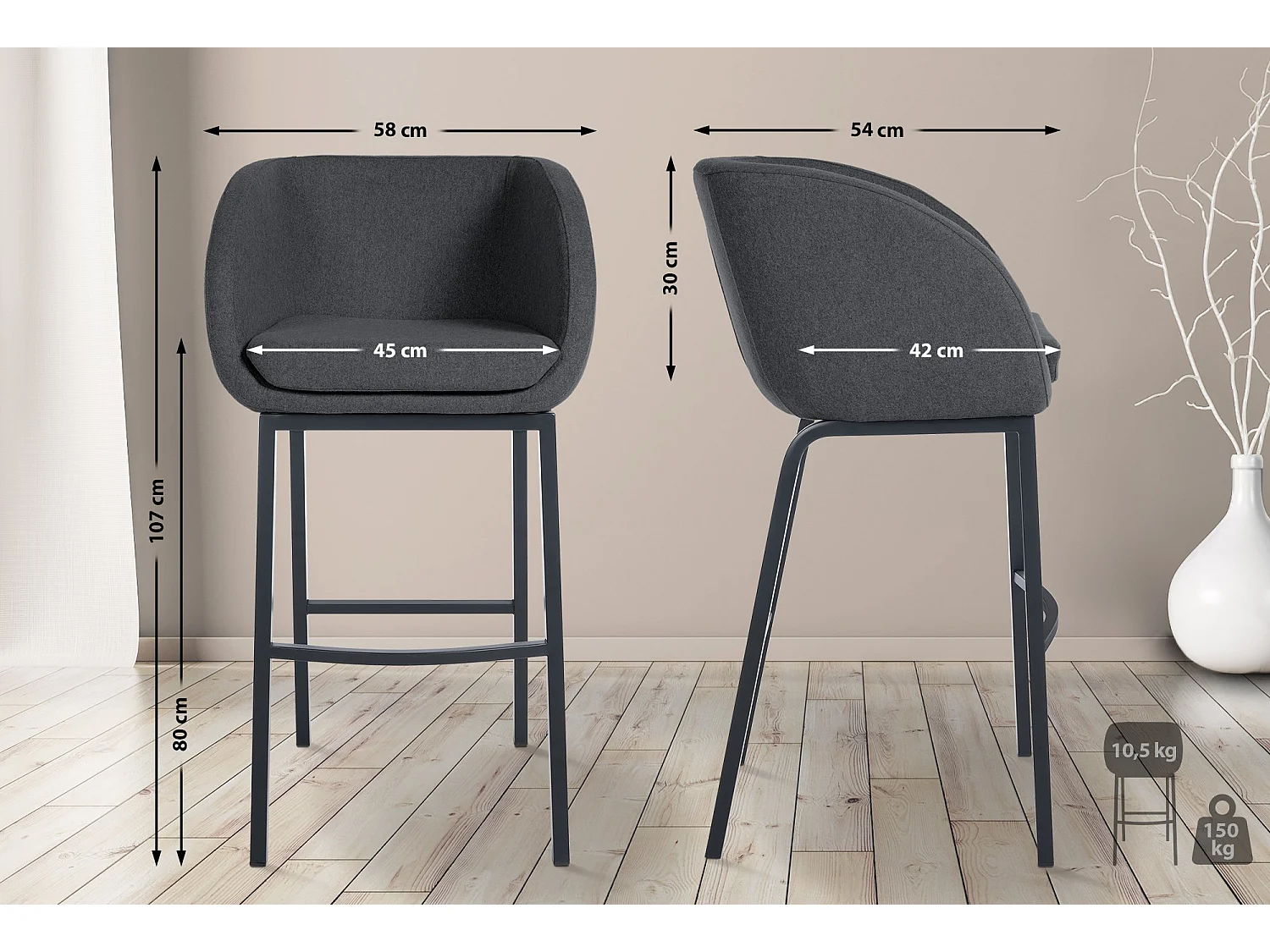 Barkruk - Vilt & Roestvrij staal - grijs - Rockhill