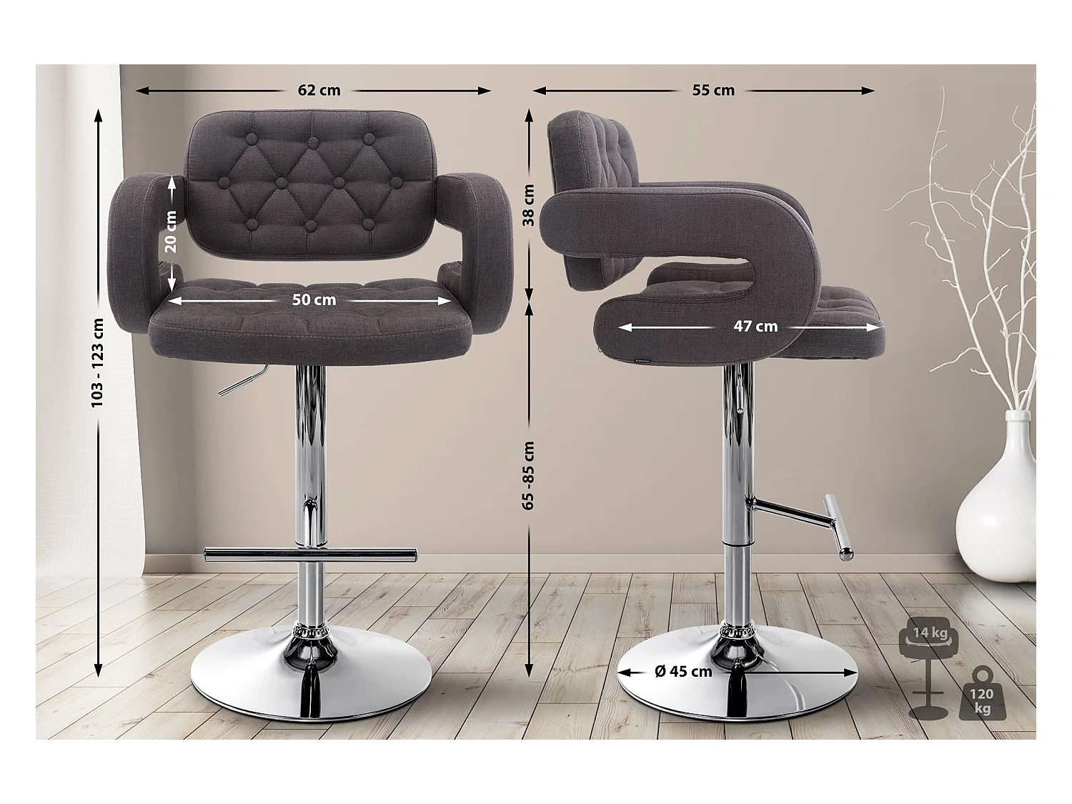 Tabouret de bar - Tissu & Métal - Gris foncé - Dublin