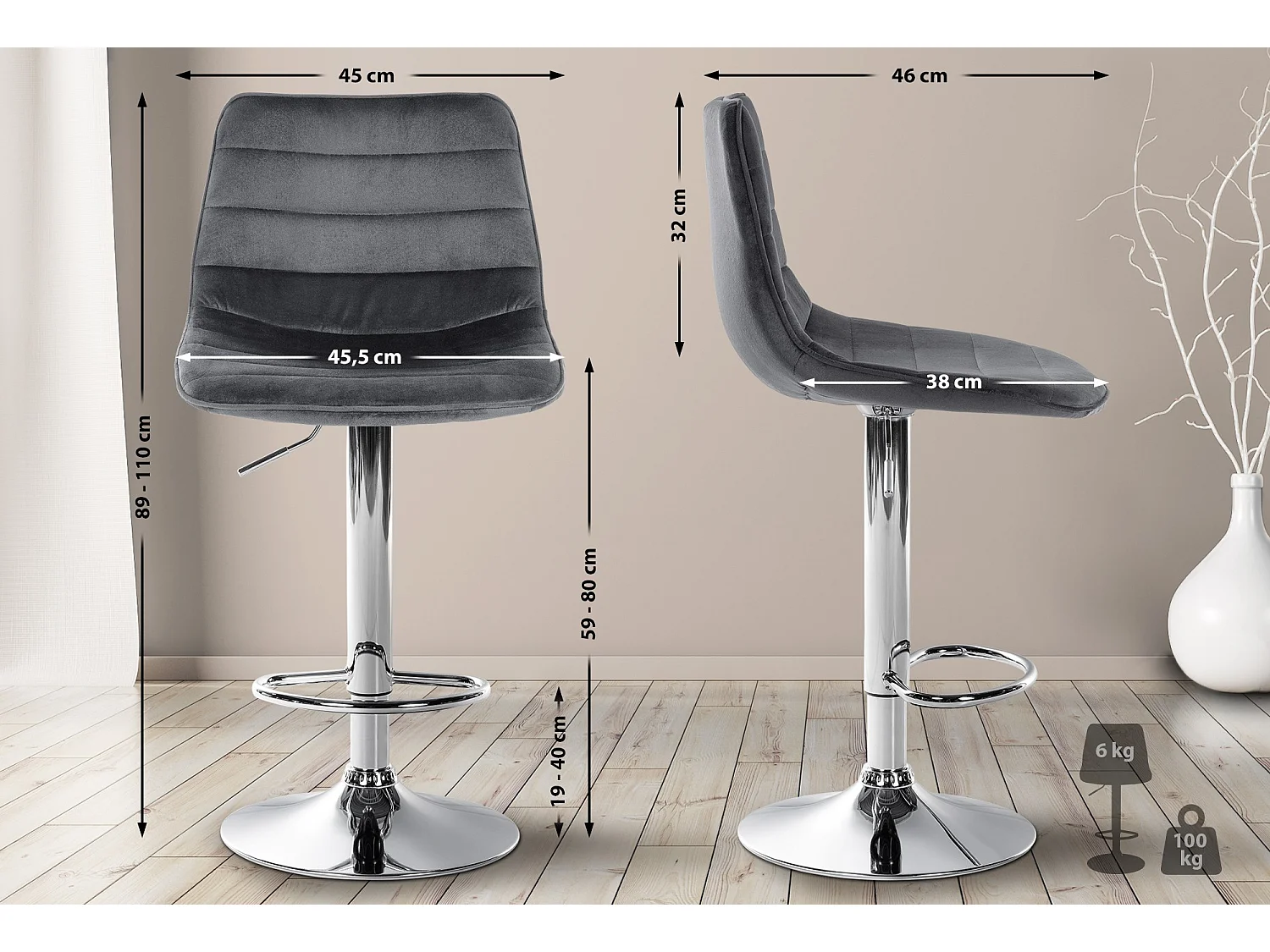 Barhocker - Samt & Metall - dunkelgrau - Lex