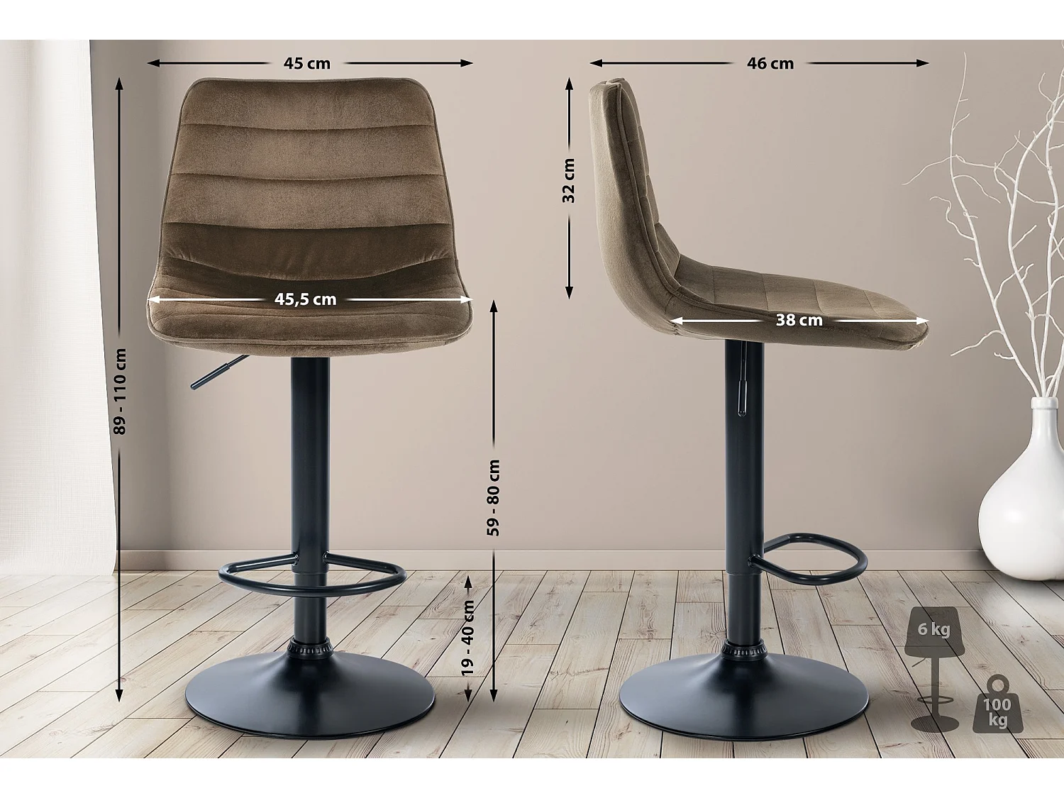 Tabouret de bar - Velours & Métal - Marron - Lex