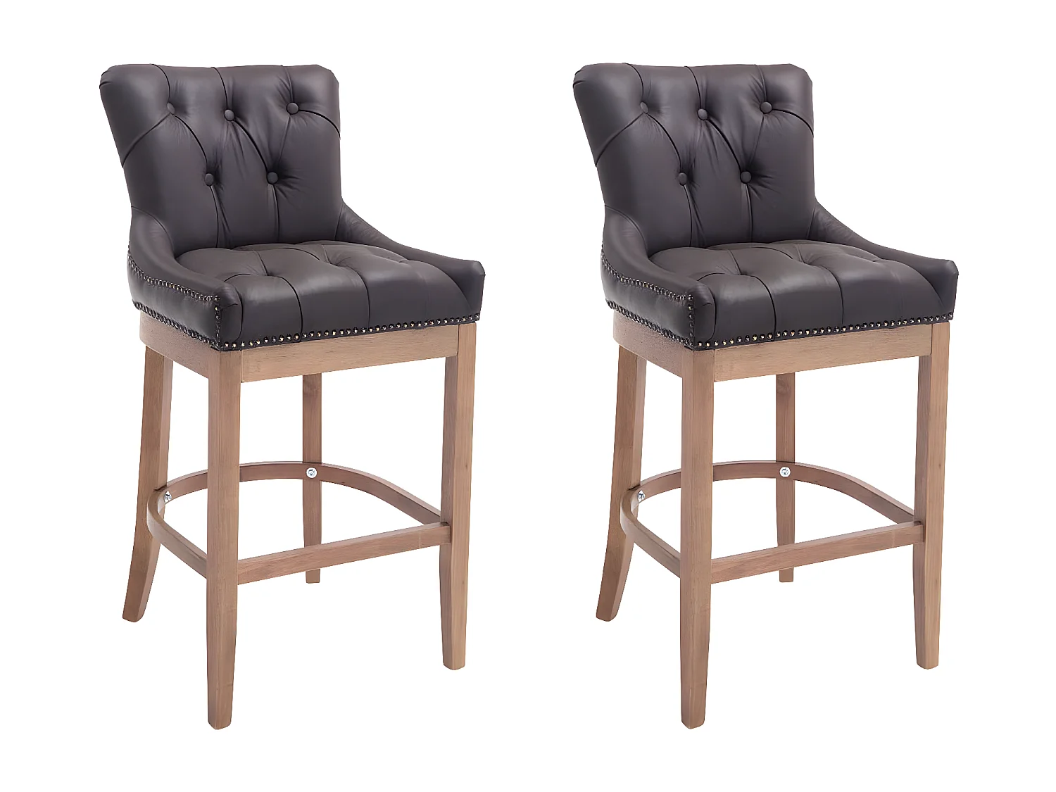 Lot de 2 Tabourets de bar - Véritable cuir & Bois - Marron - Lakewood