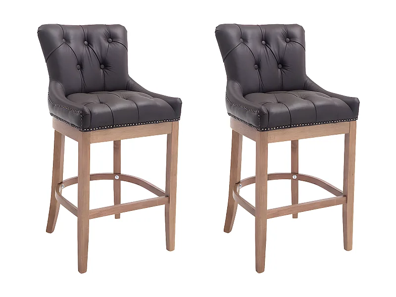 Lot de 2 Tabourets de bar - Véritable cuir & Bois - Marron - Lakewood