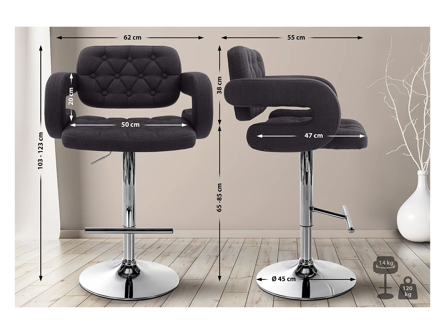 Lot de 2  Tabouret de bar - Tissu & Métal chromé - Noir - Dublin