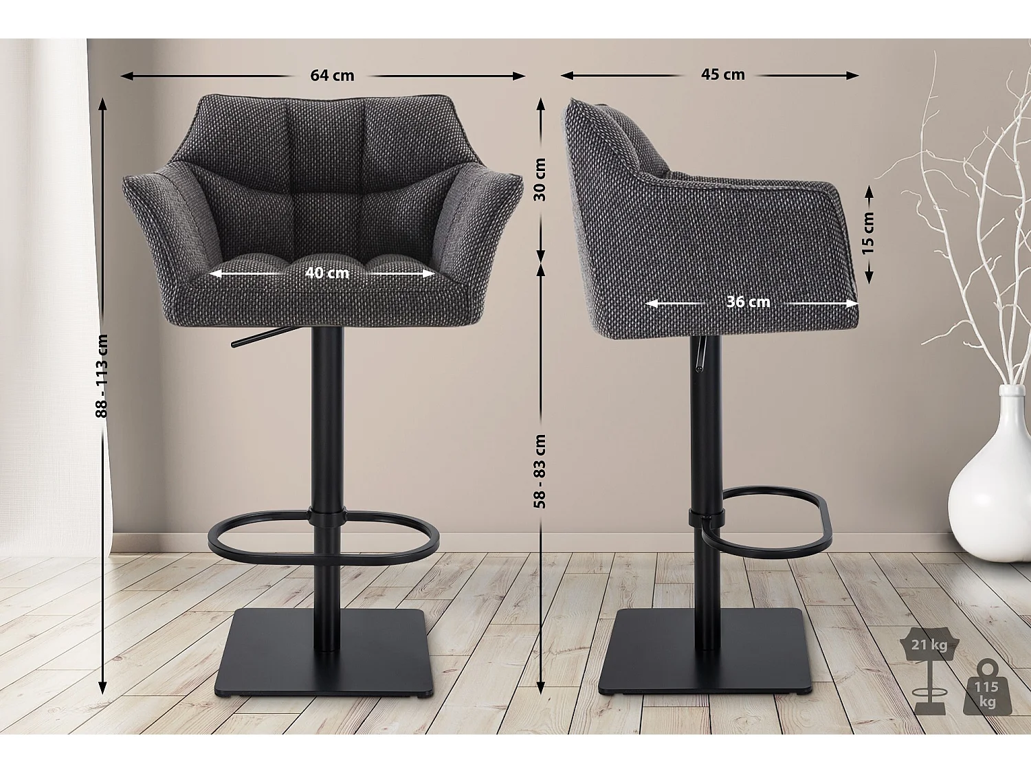 Lot de 2  Tabouret de bar - Tissu & Noir - Gris titane - Damaso