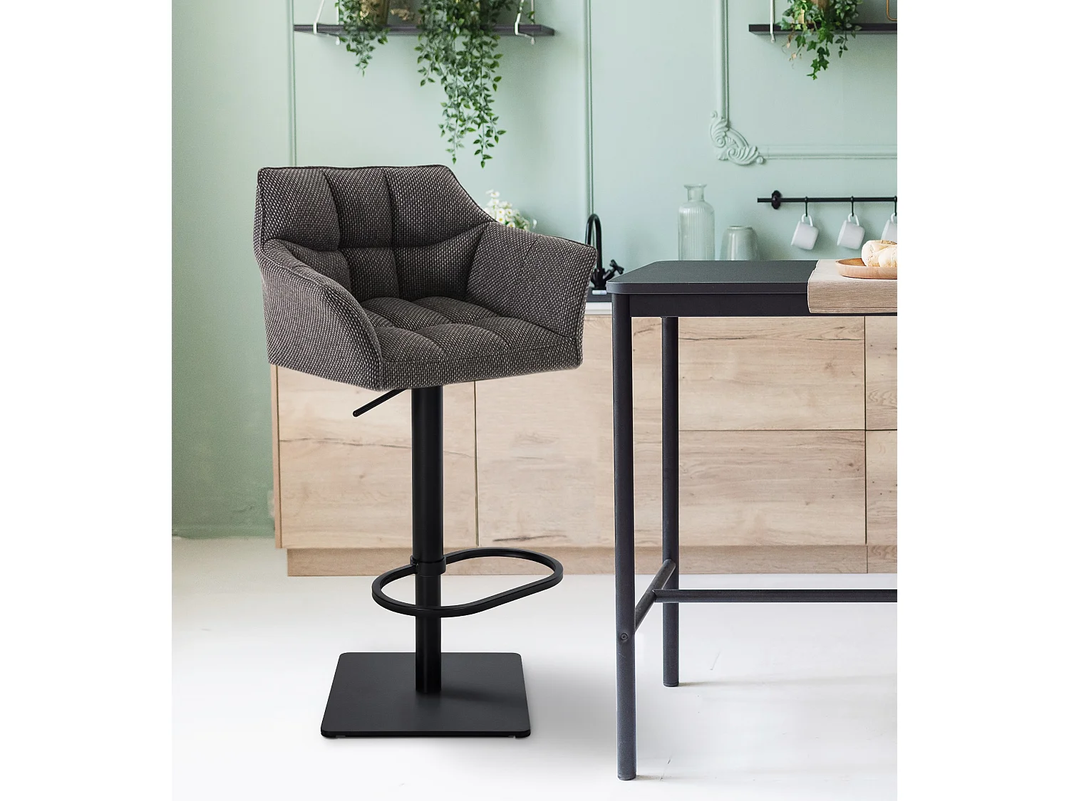 Lot de 2  Tabouret de bar - Tissu & Noir - Gris titane - Damaso