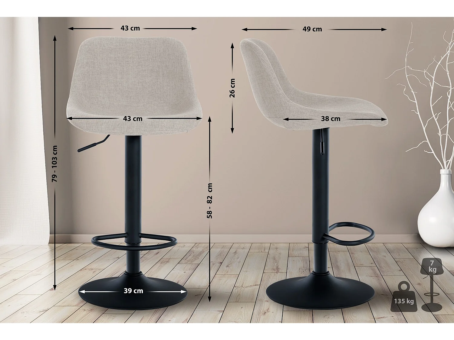 Lot de 2  Tabouret de bar - Tissu - Crème - Loft