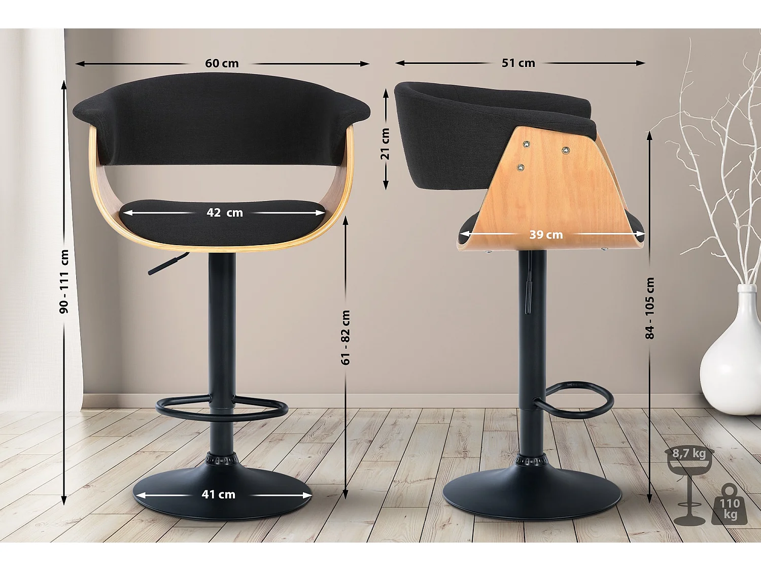 Lot de 2  Tabouret de bar - Tissu - Nature / Noir - Vestal