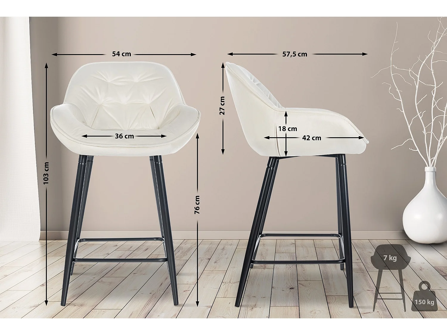 Lot de 2  Tabouret de bar - Velours - Crème - Gibson 76