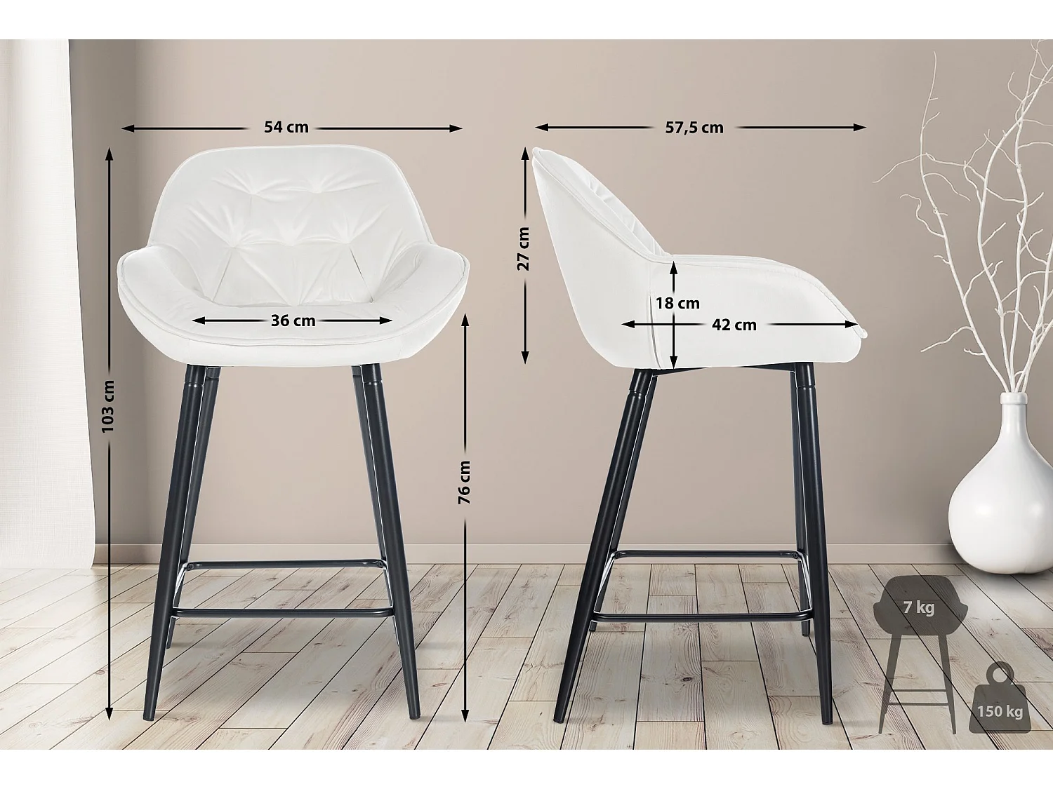 Set De 2 Taburete de bar - Terciopelo & Metal negro mate - Blanco crema - Gibson 76