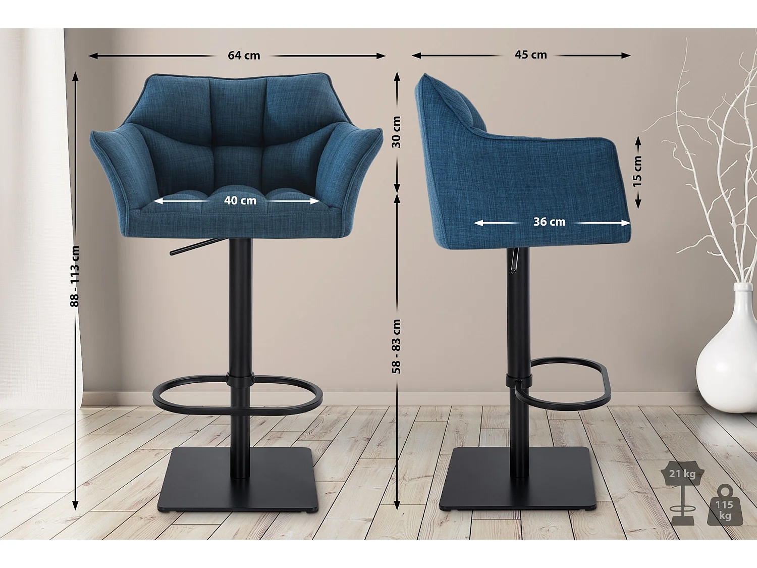 Lot de 2  Tabouret de bar - Tissu & Noir - Bleu - Damaso
