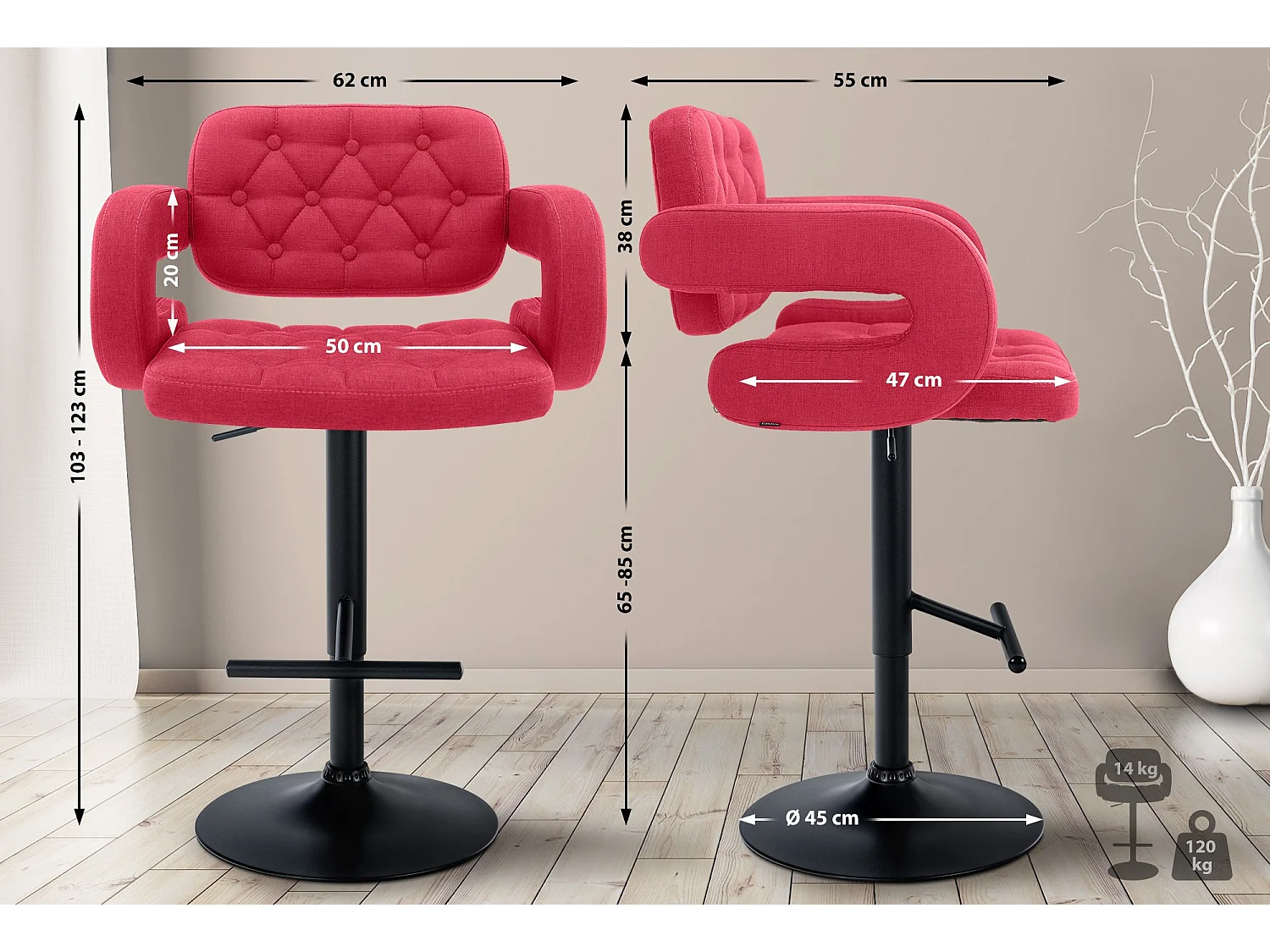 Tabouret de bar - Tissu & Métal - Rouge - Dublin