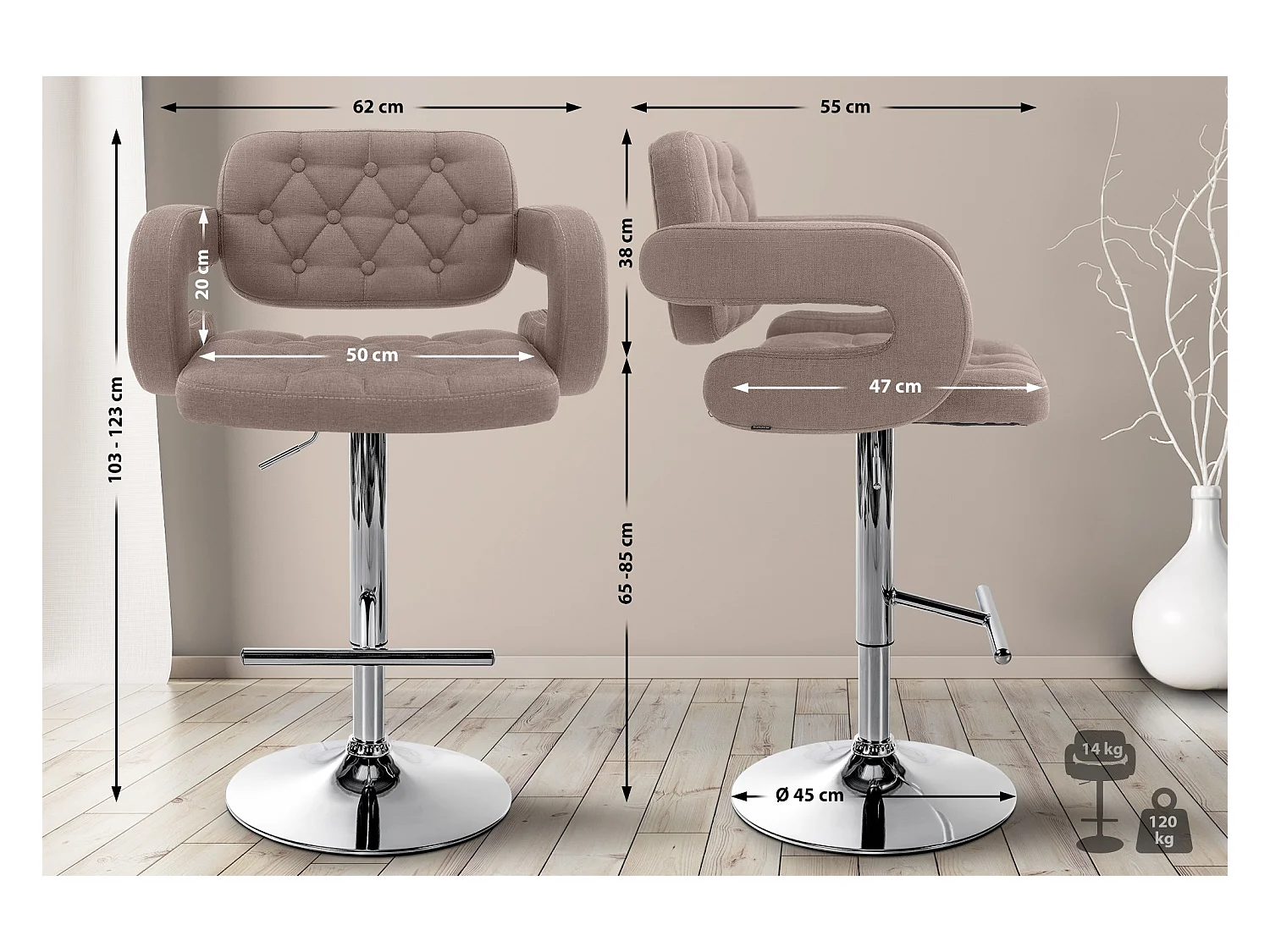 Tabouret de bar - Tissu & Métal - Taupe - Dublin