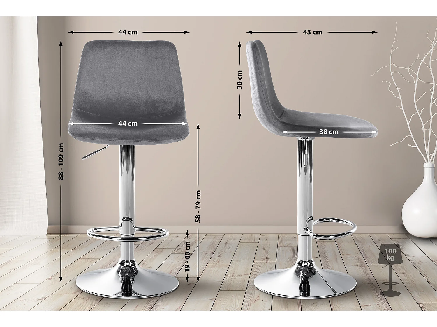 Tabourets de bar - Velours & Métal - Gris foncé - Divo