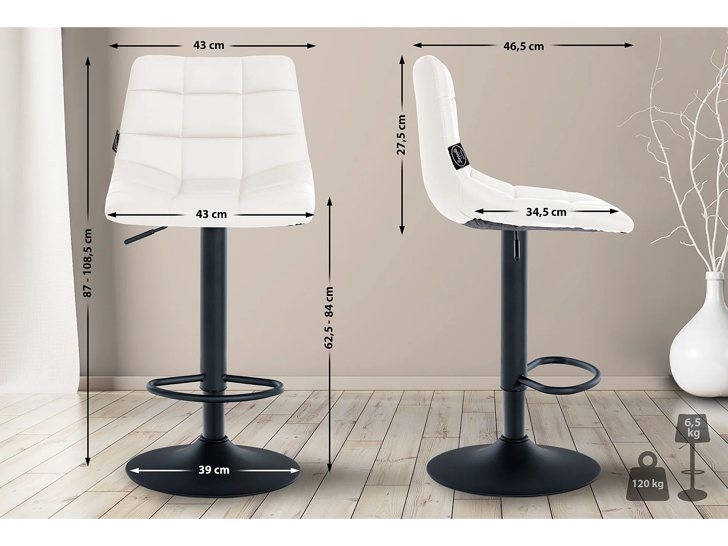 Lot de 2 Tabourets de bar - Similicuir & Métal - Blanc - Jerry