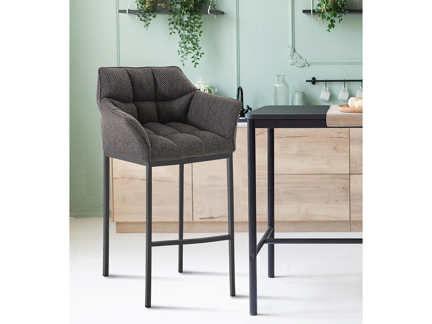 Lot de 2  Tabouret de bar - Tissu & Noir - Gris titane - Damaso