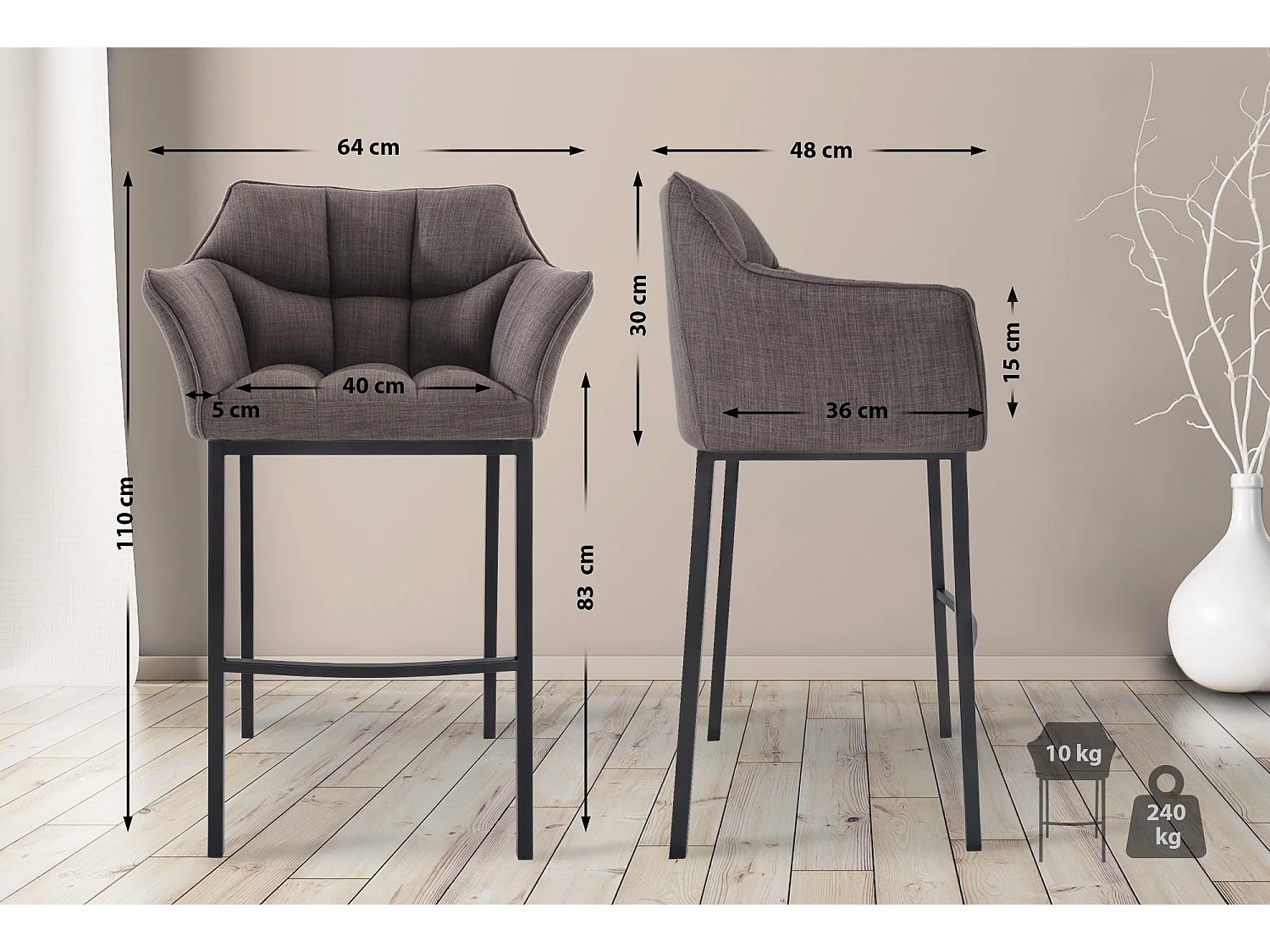 Lot de 2  Tabouret de bar - Tissu & Noir - Gris - Damaso